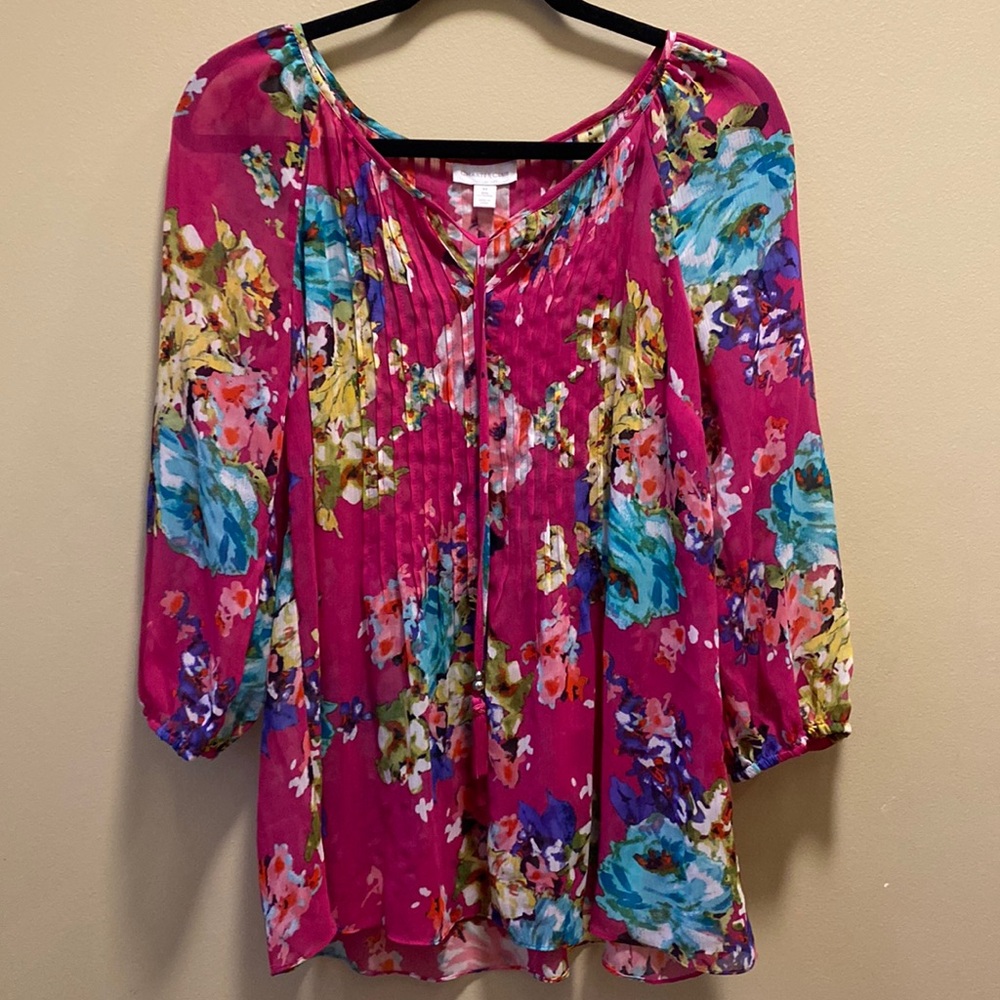 ✨BRAND NEW✨ CHARTER CLUB FUSHIA PINK SHEER BLOUSE WITH FLOWER PRINT